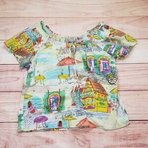 Life Style Blouse Women Large Cotton Peasant Coastal Village Novelty Print Top